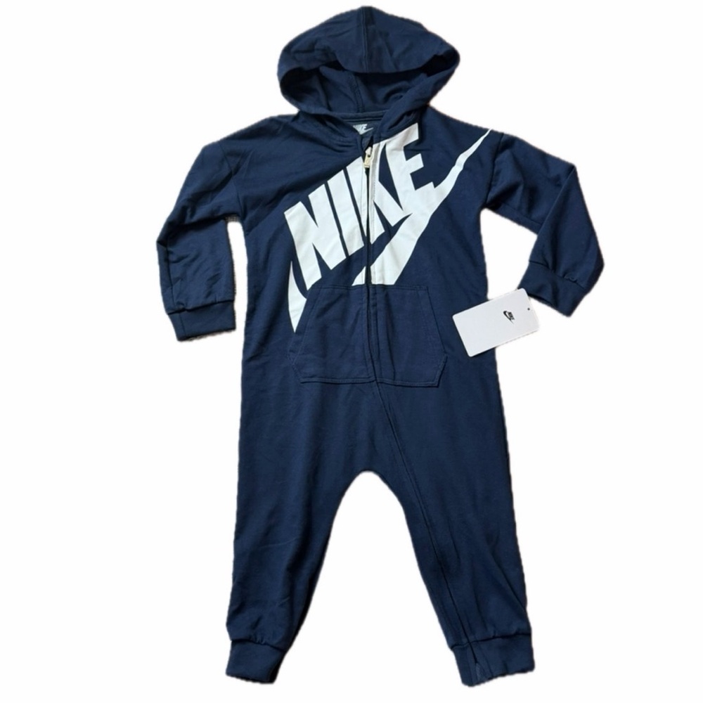 Nike Boy's Futura All Day Play Hooded Coveralls Romper in Navy Blue Sz 24m‎